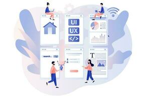 Web UI-UX design pages. Mobile app development, coding, application design, web building concept. Modern flat cartoon style. Vector illustration on white background