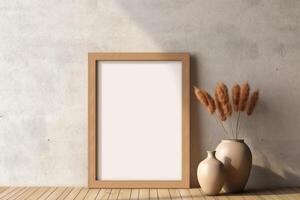 Empty wooden picture frame mockup in home wall interior design background photo