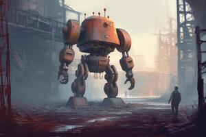 a robot working with humans in the insdustrial background photo