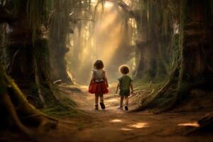 two kids Feeling the magical atmosphere as they enter forest background photo