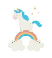Magical unicorn on a rainbow. Vector illustration in cartoon style. For cards, posters, banners, children's books, printing on packaging, clothing, fabric, wallpaper, textiles or dishes.