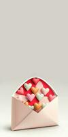 3D Render, Colorful Hearts Inside Envelope On Pastel Grey Background. photo