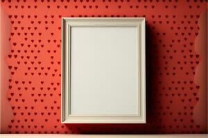 3D Render, Realistic Photo Frame With Image Placeholder Against Red Tiny Hearts Decorated Wall.