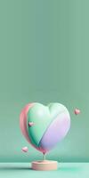 3D Render, Pastel Color Glossy Heart Shape Stand With Podium, Balloons. photo