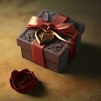 3D Rende of Gift Box With Golden Heart, Red Rose. photo