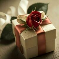 Realistic Gift Box With Red Rose. 3D Render. photo