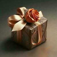 3D Render, Glossy Bronze Gift Box With Orange Rose. photo