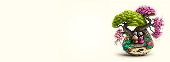 3D Render Clay Modeling of Japanese Couple Sitting In Bonsai Garden. photo