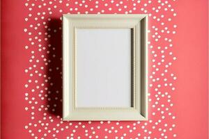 3D Render, Realistic Photo Frame With Image Placeholder Against Dotted Pattern Red Wall.