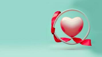 3D Render Glossy Heart Shape Balloon Tied With Ribbon In Circular Frame photo