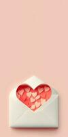 3D Render, Soft Color Paper Hearts Inside Envelope. photo