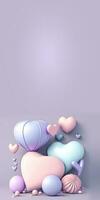 3D Render, Clay Modeling of Glossy Heart Shape Balloons And Abstract Object. photo