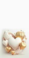 3D Render of Glossy Heart Shapes In White And Golden Color. photo