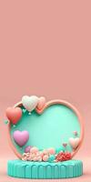 3D Rendering of Heart Shape Frame With Podium, Balloons And Decorative Elements. photo