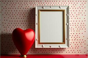 3D Render, White And Golden Photo Frame With Space For Image Against Red Tiny Hearts Wall And Shiny Heart Stand. Love Concept.