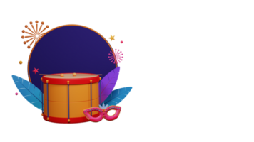 3D Render of Masquerade Mask With Colorful Feather, Snare Drum And Blank Circle Frame Against Background. Carnival Concept. png