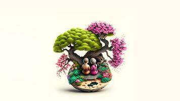 3D Render Clay Modeling of Japanese Couple Sitting In Bonsai Garden. photo