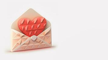 3D Render, Pastel Red Heart Inside Envelope In Geometric. photo