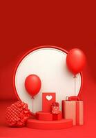 3D Render of Circular Frame With Podium, Balloons, Gift Boxes, Message Card. Valentine's Day Concept. photo