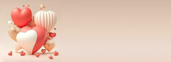 3D Render of Heart Shapes In Romantic Red And Golden Color. photo