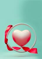 3D Render Glossy Heart Shape Balloon Tied With Ribbon In Circular Frame photo