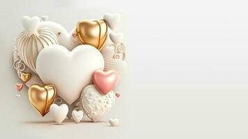 3D Rendering Heart Shapes In White, Golden, Pink Color. Creative Romantic Composition. photo