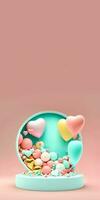 3D Rendering of Heart Shape Frame With Podium, Balloons And Decorative Elements. photo