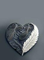 Tribal Art, Heart Shape Frame With Ethnic Feathers In Dark Gray And White Color. photo