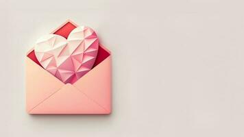 3D Render, Pastel Red Paper DIY Geometric Heart Inside Envelope. photo