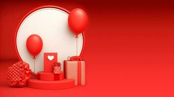 3D Render of Circular Frame With Podium, Balloons, Gift Boxes, Message Card. Valentine's Day Concept. photo