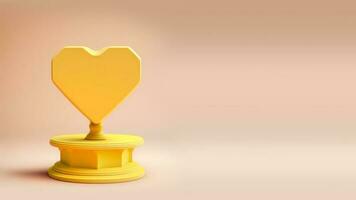 3D Render, Yellow 3D Heart Shape Stand Or Pedestal. photo