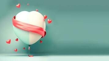 3D Render Soft Color Heart Balloons With Glossy Red Ribbon On Turquoise Background And Copy Space. photo