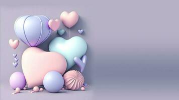 3D Render, Clay Modeling of Glossy Heart Shape Balloons And Abstract Object. photo