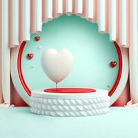 3D Render Circular Frame Background With Curtains, Blank Podium, Heart Balloons And Balls. photo