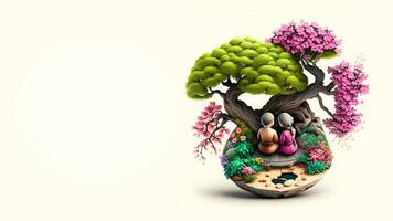 3D Render Clay Modeling of Japanese Couple Sitting In Bonsai Garden. photo