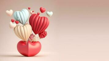 3D Rendering, Pastel Soft Color Heart Shape Balloons With Realistic Bean Bag. photo