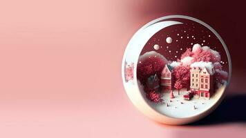 3D Render, Winter Miniature Diorama of Residential Building Landscape In Circular Frame, Snowfall. photo