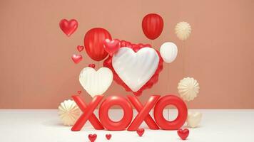 3D Render, XOXO Text With Heart Shapes, Flower On Brown And White Background And Copy Space. Happy Valentine's Day Concept. photo