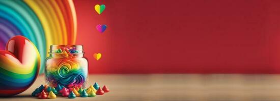 Valentine Or Love Concept With Hearts With Swirl Jar On Rainbow Style Illustration. 3D Render. photo