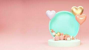 3D Render of Circular Stage Decorated With Heart Shapes On Pastel Pink Background. photo