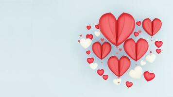 3D Render Of Red And White Paper Cut Hearts Shapes On Pastel Blue Background. Happy Valentine's Day Concept. photo