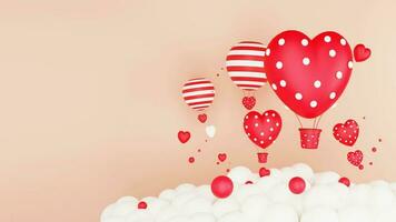 3D Render of Red And White Heart Shapes, Hot Air Balloons And Clouds On Peach Background With Space. Love or Valentine's Day Concept. photo