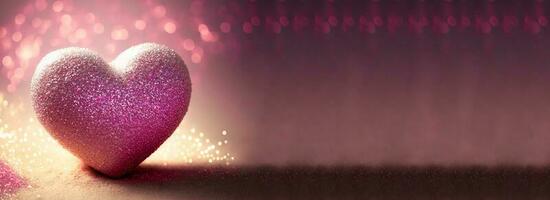 3D Render, Shiny Pink Glittery Heart Shape On Bokeh Background. Love Concept. photo