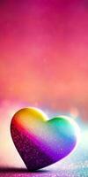 3D Render Of Shiny Colorful Glittery Heart Shape On Rainbow Bokeh Background. photo