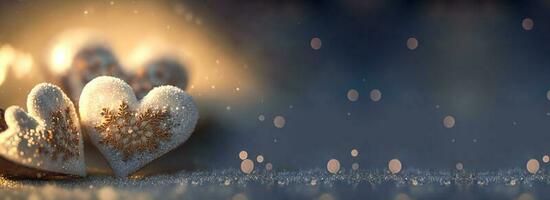 3D Render of Shiny Glittery Hearts With Golden Snowflakes On Bokeh Background. Love Concept. photo