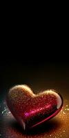 3d hacer de brillante reluciente corazón forma en dorado Encendiendo antecedentes. San Valentín día concepto. foto