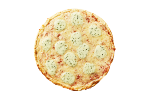 Baked frozen pizza with cheese and pesto on transparent background png