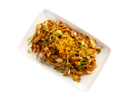 Fresh chicken stir fried with noodles on transparent background png