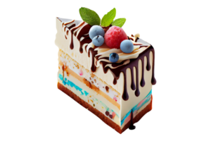 Fresh sweet ice cream cake with chocolate syrup and berries on transparent background png