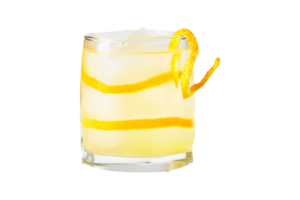 Cool refreshing alcohol cocktail decorated with orange zest on transparent background png